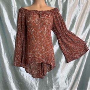 Sexy off shoulder, boho bell sleeved, back laced chiffon high low top, S